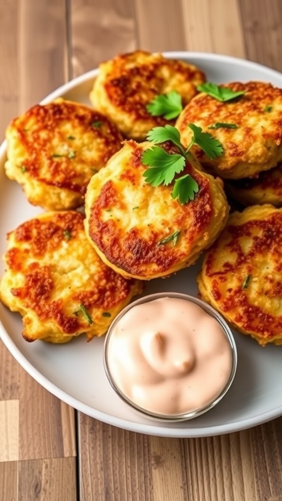 Golden-brown air fryer imitation crab cakes with parsley and tartar sauce on a rustic table.